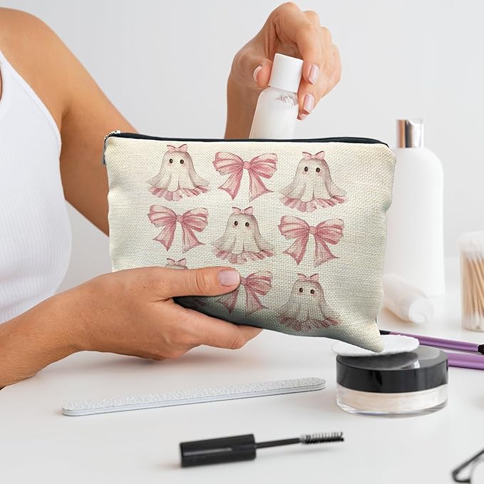 Coquette Pink Bow Ghost Halloween Cosmetic Bags - Cute Gifts for Women
