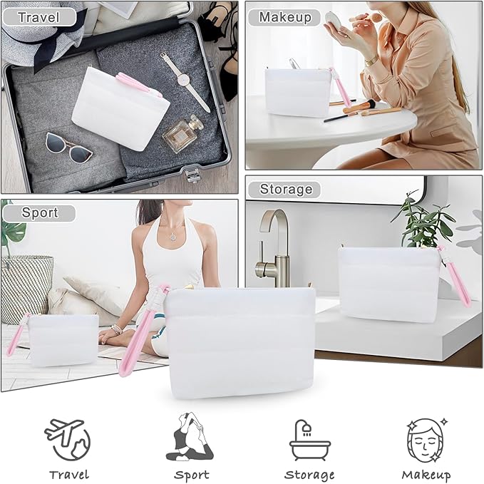 DOB SECHS Quilted Makeup Bag with Handle Detachable Cute Puffy Cotton Cosmetic Bags for Women, Small Puffer Toiletry Zipper Make Up Pouch, Quilt Clutch Bag Travel Organizer Storage Pouches Case, White