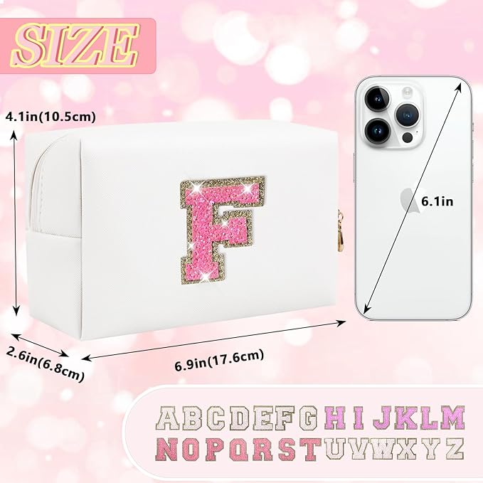 Personalized Initial Letter Makeup Bag, Preppy Glitter Letter Patch Cosmetic Pouch Zipper, PU Waterproof Travel Toiletry Bag Cute Makeup Organizer Monogrammed Make Up Bag, Gift for Women Girls