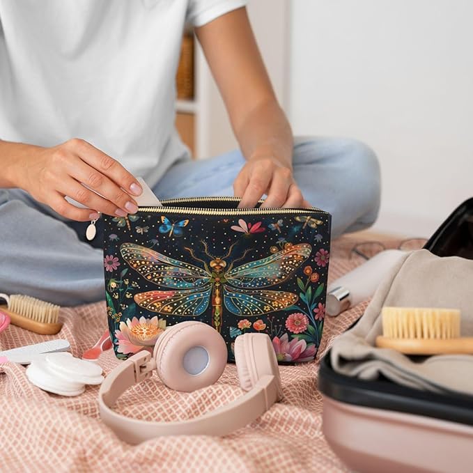 Womens Leather Makeup Bag Cosmetic Bag Travel Toiletry Bags Make Up Bags for Women Adult (Floral Dragonfly)