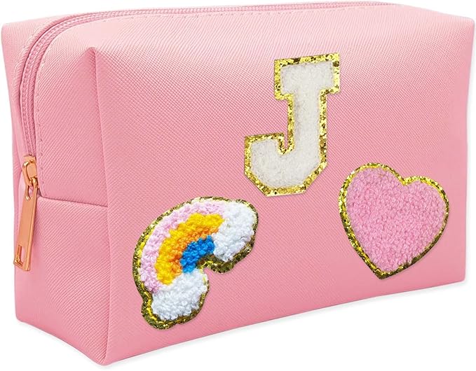 Personalized Inital Preppy Makeup Bag Set with Zipper, Monogram Waterproof Travel Cosmetic Bag for Women, Cute Preppy Patch Toiletry Bag for Traveling Outdoors, Gift Ideal for Christmas Thanksgiving