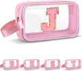 Initial Makeup Bag,Letter J Cute Clear Monogrammed Cosmetic Travel Bag for Womens Girls,Personalized Pink Aesthetic Traveling Make Up Organizer Bag for Beach,Waterproof Toiletry Bag