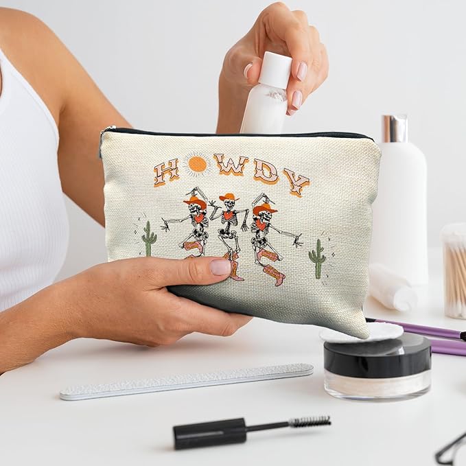 Howdy Western Halloween Makeup Bag, Western Gifts for Women, Funny Halloween Gifts for Women,Gothic Dancing Skeleton Cosmetic Bag Pouch, Dark Academia Makeup Pouch, Horror Makeup Bag