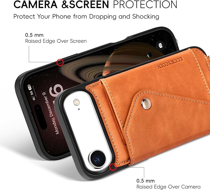 LUCKYCOIN Crossbody Wallet Phone Case for iPhone Air,100% Genuine Leather Wallet Phone Case with Expandable Flip Card Holder,Phone Purse for Women with Adjustable Removable Strap - Tan