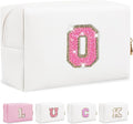 Personalized Initial Makeup Bag, Glitter Letter Patch Cosmetic Pouch, Preppy Organizer PU Waterproof Travel Toiletry Bag, Monogrammed Birthday Gift for Women Girls (Letter O)