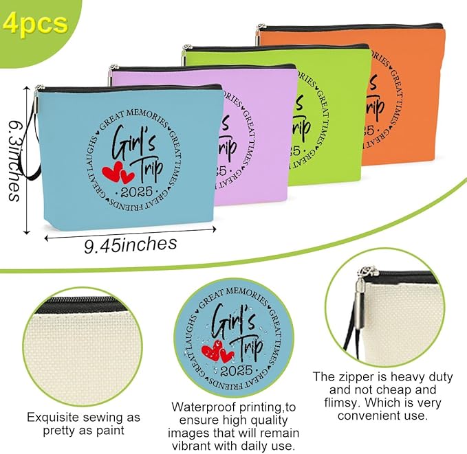 Hanamiya Na 4Pcs Girls Trip Gifts Favors 2025 Weekend Bag Makeup Bag Girls Weekend Friendship Gifts Weekender Bags for Women Sisters Friends Cosmetic Bag Zipper Pouch Wedding Bachelorette Party
