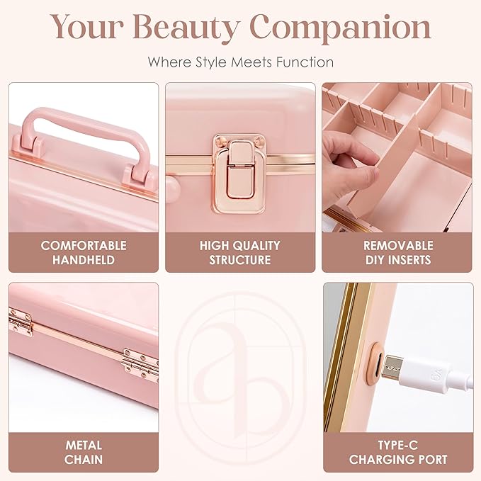 Air Makeup Beauty Box - Makeup Bag with LED Lighted Mirror, Professional Mini/Large Cosmetic Organizer - Portable Vanity & Makeup Case for Travel (Beauty Box, Blush Pink)