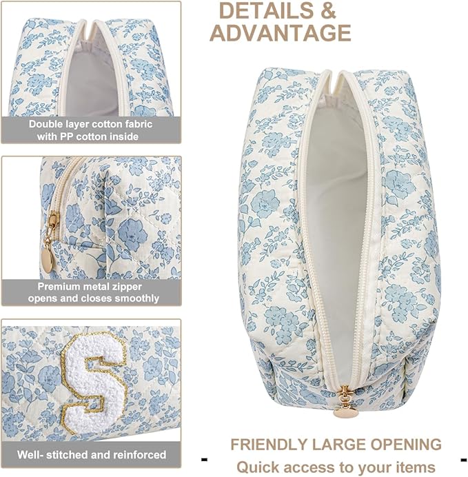 Gleyemor Personalized Initial Makeup Bag for Women, Cute Quilted Blue Floral Cotton Cosmetic Bag, Christmas Gifts for Her Mom Friend Sister Bridesmaid Teacher Women S