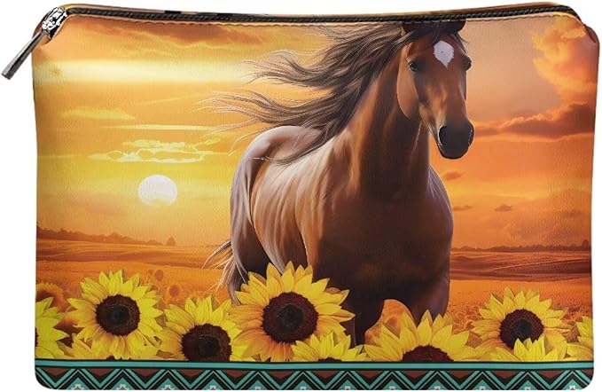 COEQINE Sunflower Western Cosmetic Purses for Women Weddings Western Cosmetic Pouch With Cute Horse And Sunset Print Mini Makeup Bag Travel Wedding Partry Purse With Zipper