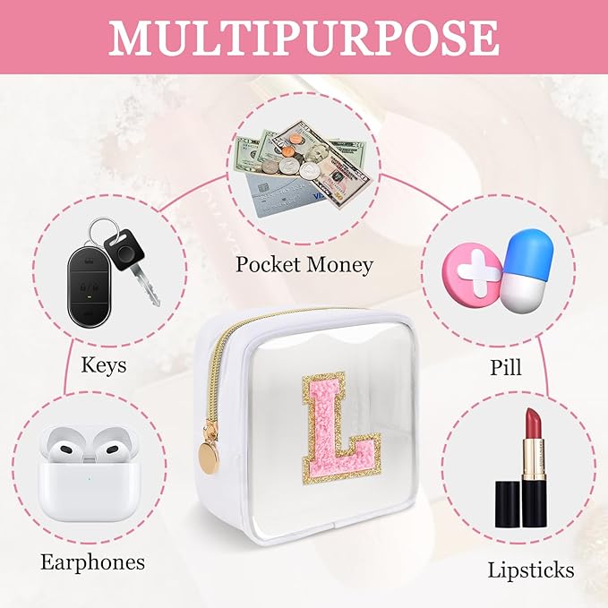 Mini Clear Personalized Initial Makeup Bag,Nylon Preppy A-Z Chenille Letter Patch Zipper Cosmetic Bag, Small Cute Beach Pouch Travel Purse Sanitary Napkin Storage Bag for Women Girls(White-Pink L)