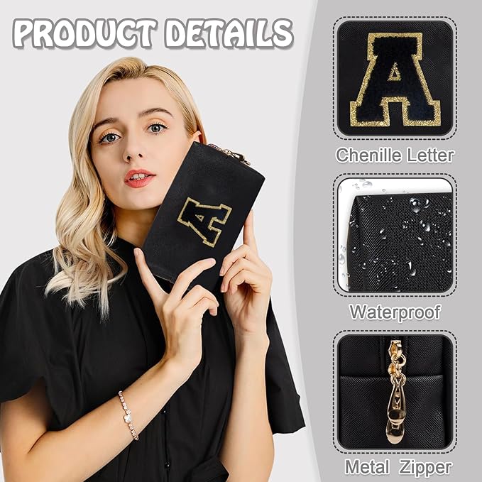 Personalized Initial Preppy Patch Makeup Bag, Small Cute Cosmetic Pouch Make Up Case Travel Toiletry Zipper Pouch, Monogram Waterproof PU Leather Chenille Letter Storage Bag Gifts for Women(Letter A)