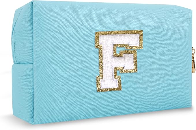 Personalized Small Initial Preppy Makeup Bag, Blue Cute Cosmetic Organizer Chenille Letter Travel Toiletry Zipper Pouch, Portable Waterproof Makeup Case Friendship Gifts for Families Friends(Letter F)