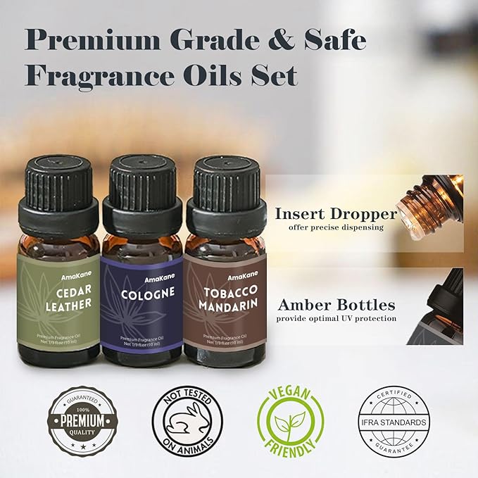 AmaKane Fragrance Oils, Masculine Essential Oils for Men, Candle Scents for Candle Making, Fragrance Oil for Soap Making, Diffuser Oils Scents 6x10 ml, Sandalwood, Cedar Leather, Woody Oud, More
