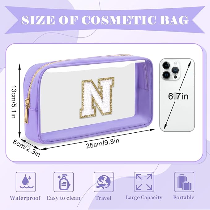 Personalized Initial Letter Clear Makeup Bag,Preppy Small Nylon&PVC Cosmetic Zipper Bag with Chenille Letter,Travel Skincare Toiletry Bag,Monogram Christmas Gift for Teen Girls Women,N