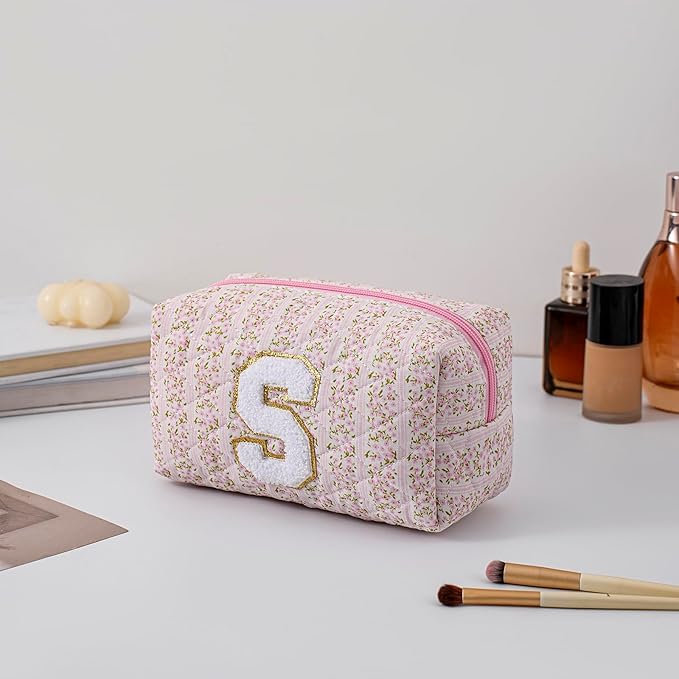 JOVAKIT Alphabet Makeup Bag Cosmetic Bag for Women, Christmas Gifts for Girls Age 6-18, Floral Flowers Coquette Travel Toiletry Zipper Make Up Pouch Organizer Trendy Stuff (Pink Floral S)