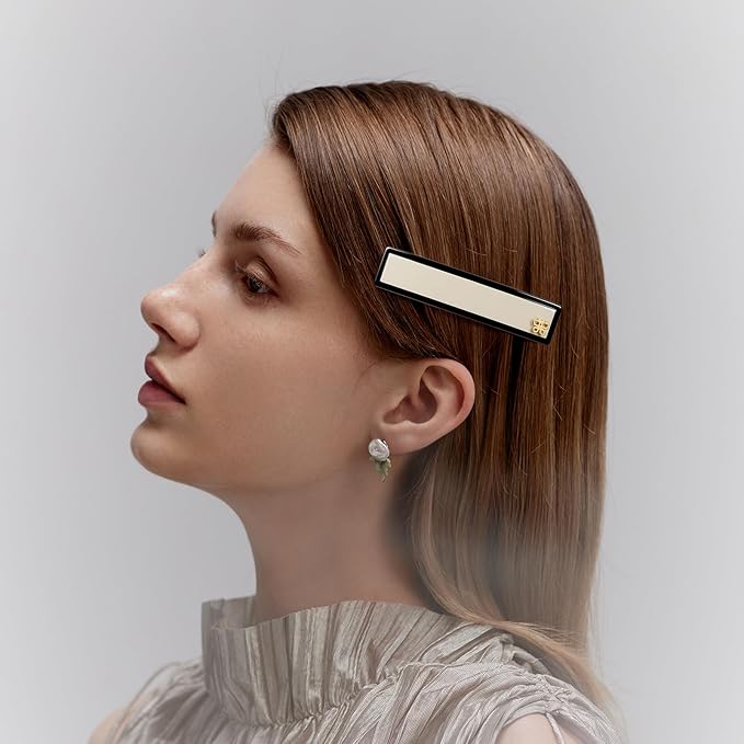 SHE'S FREE STYLE JUST FOR YOU [Chanel-style] Hair Barrettes for Women, Acetate Resin Barettes, Classic Black & White, French Hair Accessories for Thin Hair, Anti-Slip for Half-Hair (Middle,3.5 inch)