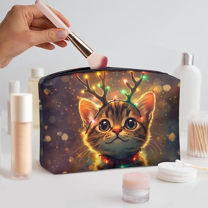 COEQINE Christmas Purse Pouches for Organizing Cute Cat Lights Deer Designer Large Cosmetic Bag for Womens Leather Zipper Pouch for Party Travel Holiday Handbag