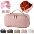 Travel Makeup Bag Travel Toiletry Bag Waterproof PU Leather Checkered Makeup Organizer Bag Woman Cosmetic Organizer Bag With Headband and Wristband Set(Pink, Checkerboard pattern)