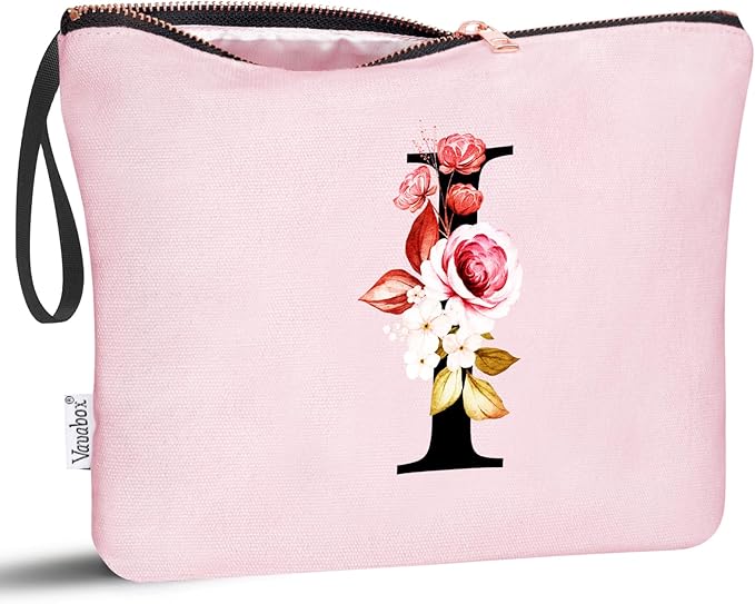 Vavabox A-Z Personalized Makeup Bag, Birthday Gifts for Women Mom, Gifts for Best Friend, Bride Bridesmaid Cosmetic bag (I, Pink)