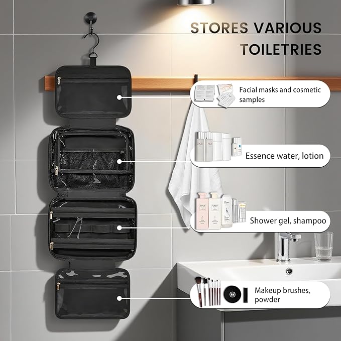 Inmorven Travel Hanging Toiletry Bag for Women, Makeup Cosmetic Bag with Jewelry Organizer, Waterproof DoppKit Set for Girls Large Capacity, Carry-on Travel Accessories Essentials - Black