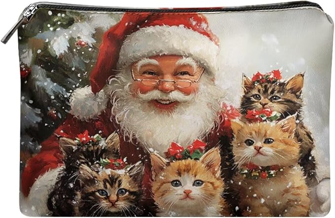 COEQINE Makeup Bag For Purse Leather Cute Cat Red Santa Designer Mini Cosmetic Bag Leather Organizer Pouch with Zipper Toiletry Travel Bag for Women for Holiday Birthday Christmas Gifts