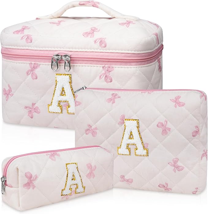 Initial Makeup Bag Set, Personalized Quilted Makeup Bag, Large Floral Cosmetic Bag for Women, Cute Cotton Custom Make up Bags, Flower Travel Toiletry Bag Teen Girl Gift Pink Butterfly A