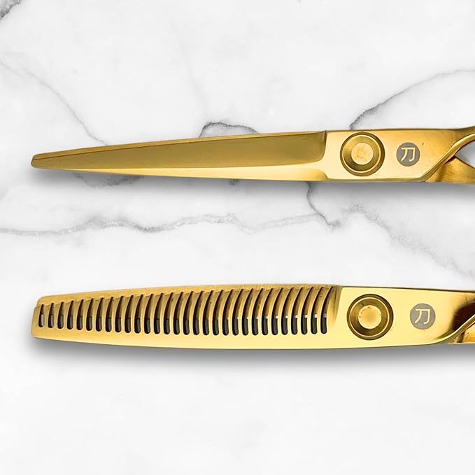 6 Inch Yellow Gold Swivel Hair Shears Set Includes Swivel Cutting Shears and Swivel Thinning Shears - Professional Grade - 440C Stainless Steel