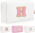 Iqimott Personalized Initial Letter Patch Makeup Bag, Preppy Portable Chenille Letter Cosmetic Bag with Zipper, PU Leather Waterproof Travel Toiletry Bag Monogram Make Up Pouch Girls(Letter H)