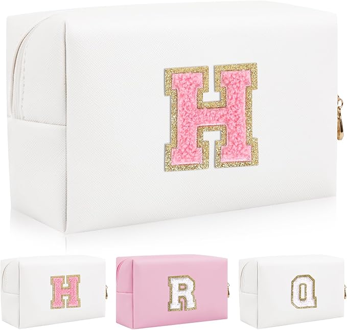 Iqimott Personalized Initial Letter Patch Makeup Bag, Preppy Portable Chenille Letter Cosmetic Bag with Zipper, PU Leather Waterproof Travel Toiletry Bag Monogram Make Up Pouch Girls(Letter H)