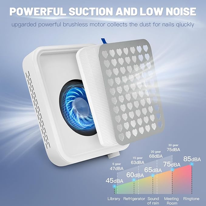 Rechargeable Cordless Nail Dust Collector: Powerful Quiet Nail Fan Vacuum Dust Collector with 2 Filters 1 Brush, Nail Vent Dust Extractor Cleaner for Acrylic Gel Nail Polishing Nail Tech Use, White