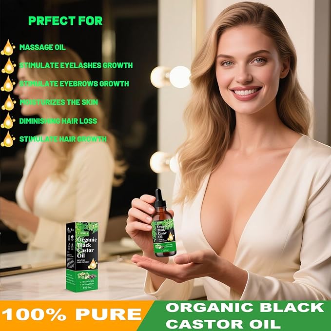 Hair Oil, Black Castor, 100% Pure Natural Organic, Cold Pressed, Hair Growth, Eyebrow & Skin Care, Body & Carrier Oil, 4.04 Fl Oz, 2 Glass Bottles