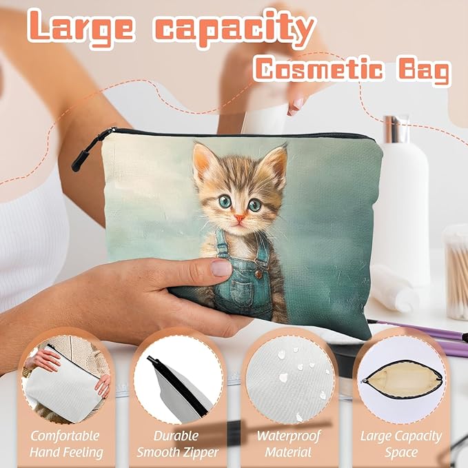 Cosmetic Bags Travel Makeup Toilet Case Waterproof Pouch for Women Girls 6.7X9.45inches - The Adorable Allure of A Kitten in Blue Overalls