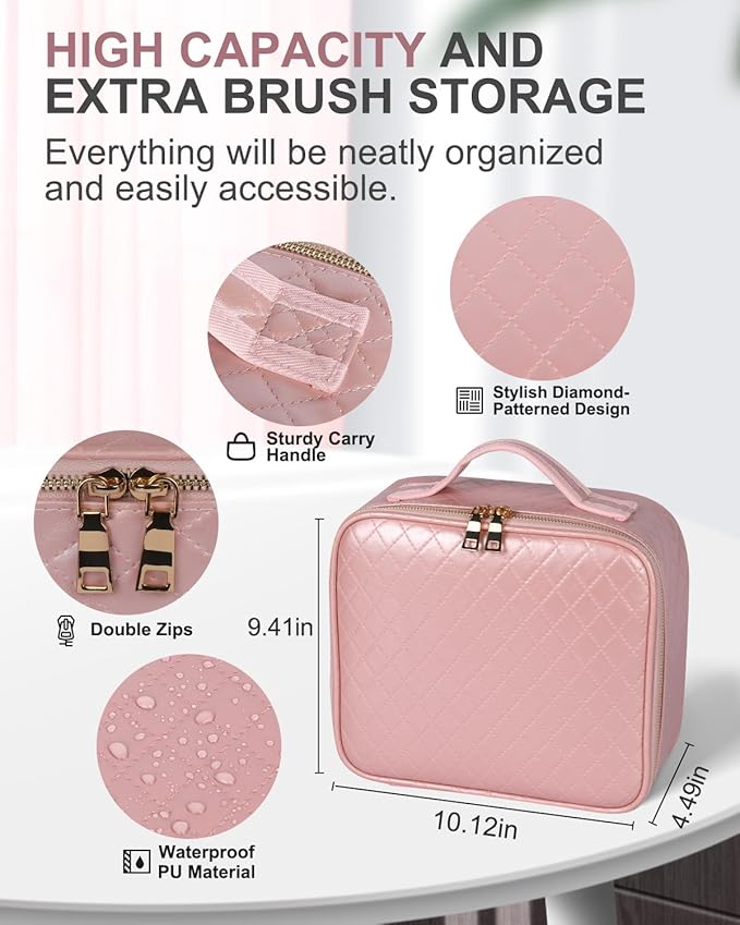 Makeup Bag with LED Lighted Mirror| Portable Makeup Organizer Train Case with 2X/3X Magnification & 3 Color Lights for Precision, Adjustable Brightness| Elegant Gift Packaging, Gift for Women, Pink