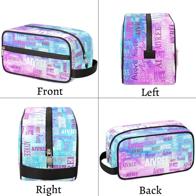 Personalized Name Makeup Bag, Custom Women Cosmetic Travel Toiletry Bag Pouch Organizer for Vacation Weekend, Painted Blue Pink Watercolor