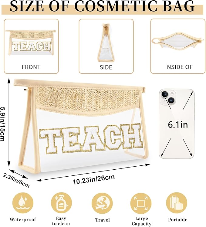 Teacher Appreciation Gifts Boho Straw Clear Makeup Bags, Zipper Cosmetic Bag Chenille Letter Patch Bag, Preppy Cute Beach Toiletry Pouch, Trendy Graduation Retirement Birthday Teacher Gifts for Women