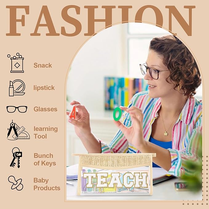 Teacher Appreciation Gifts Boho Straw Clear Makeup Bags, Zipper Cosmetic Bag Chenille Letter Patch Bag, Preppy Cute Beach Toiletry Pouch, Trendy Graduation Retirement Birthday Teacher Gifts for Women