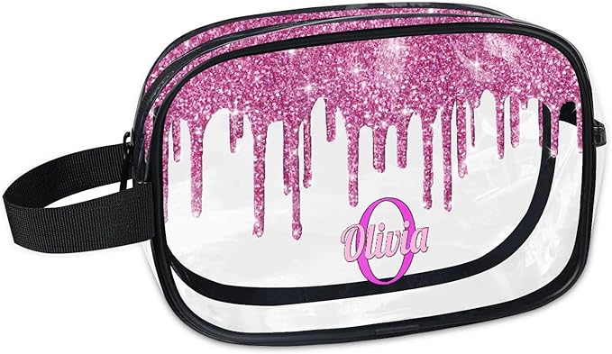 Personalized Transparent Travel Cosmetic Bag Waterproof Makeup Bags, Custom Name Clear Organizer Case Toiletries Container Bag, Orchid Pink Water Fluid Shape Shiny Glitters
