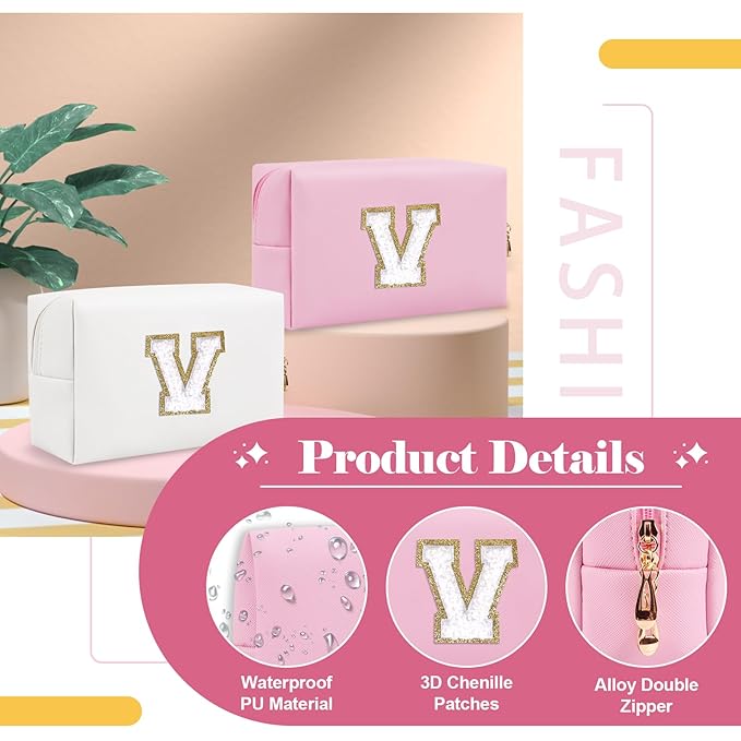 Personalized Initial A-Z Preppy Patch Makeup Bag,Small PU Chenille Letter Cosmetic Bag with Zipper for Teen Girls,Pink Cute Toiletry Organizer Bag,Monogram Makeup Case Gift for Women Girls,Letter V