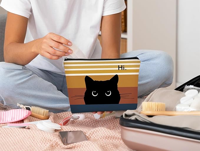 Cute Cat Makeup Bag, Black Cat Kitty Cosmetic Pouch, Sunset Color