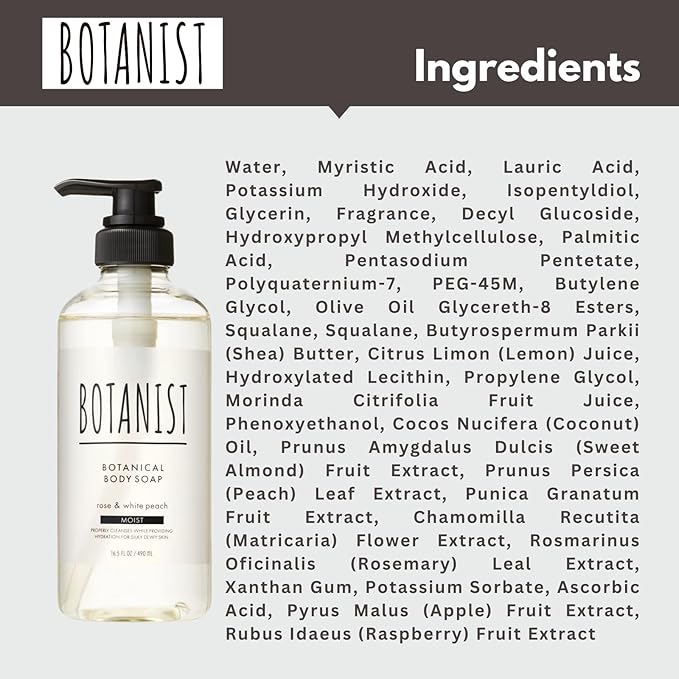 Botanist Hydrating Body Wash for Women & Men, Hypoallergenic Body Wash with Shea Butter, Aloe Vera, Almond & Squalance, Sensitive Skin BODY WASH & Shower Gel from Japan 16.5 Fl Oz ROSE & WHITE PEACH