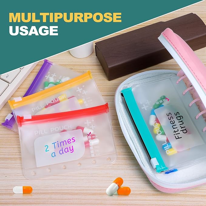 A7-L Timueetech Water-Proof Pill Pouch Set, BPA Free, A7-L Pill Loose-Leaf Storage with Color-Coded Medicine Pouches, Large Reusable Travel Medicine Organizer， Zippered Pill Organizers Weekly