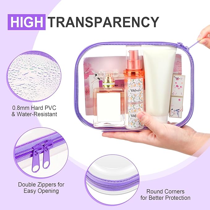 Sanwuta 6 Pcs Clear Hard Zipper Case Hard Plastic Zipper Pouches Makeup Bag Pencil Pouches Transparent Cases for Snacks Plastic Storage Organizer Box for Travel(Purple,7.87 x 5.9 x 2 Inch)