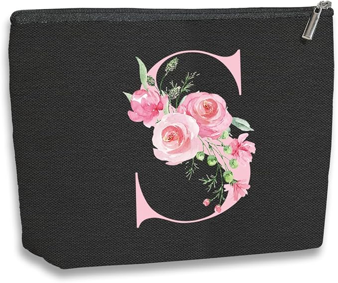 A-Z Personalized Cosmetic Bag Monogrammed Makeup Bags Bridesmaid Gifts Custom Toiletry Pouch Gifts for Women Mom Best Friend Sister Bride Bridesmaid (S)