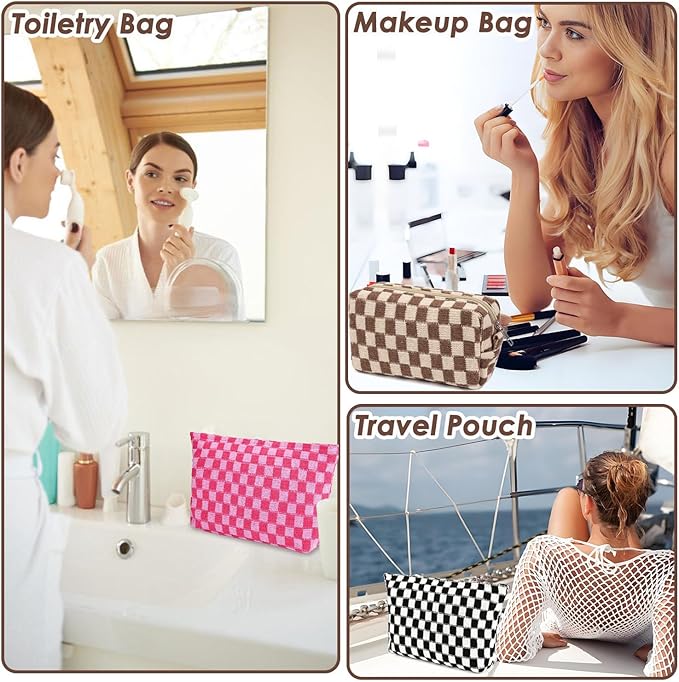 Travel Makeup Bag, Checkered Cosmetic Bag Make Up Organizer Case for Women, Small Toiletry Bag Skincare Pouch for Toiletries Accessories Brushes, 2PCS