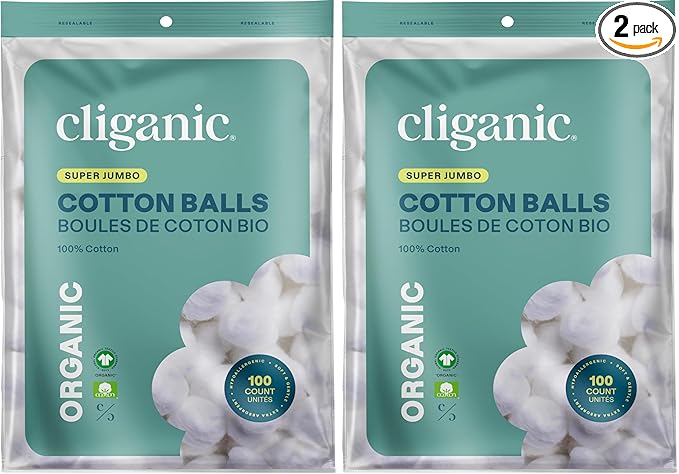 Cliganic Organic Super Jumbo Cotton Balls (100 Count) - Hypoallergenic, Absorbent, Large Size, 100% Pure (Packaging May Vary) (Pack of 2)