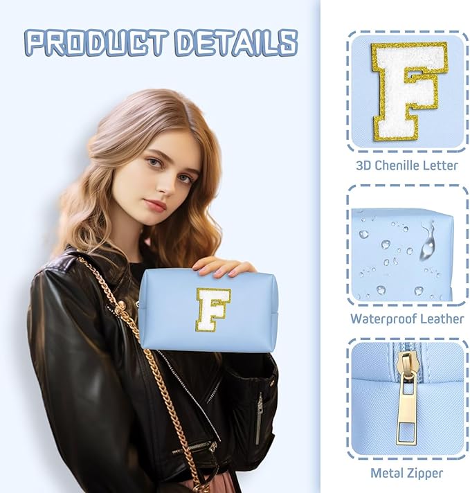 TOPEAST Initial Makeup Bag for Travel, Chenille Letter Pouch Cosmetic Bag, PU Leather Waterproof Toiletry Bag, Personalized Gifts for Bride Bridesmaids, Cute Things for Girls (Sky Blue Q)