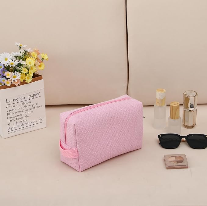 DYSHAYEN Waffle Makeup Pouch Bag, Small Travel Cosmetic Bag, Gifts for Women Bridesmaid,Wedding,Christmas (Pink)