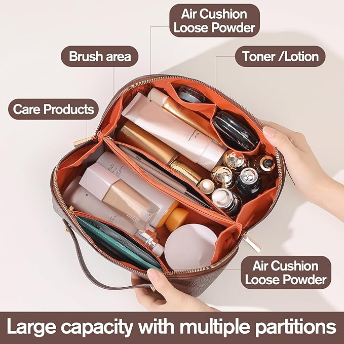 Makeup Bag, Travel Toiletry Bag for Women, Large Capacity Waterproof PU Leather Cosmetic Bags Make Up Organizer Bags with Headband and Wristband Set (Khaki, Lychee Pattern)