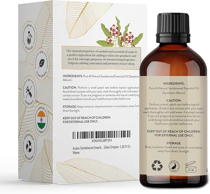 Avatra Sandalwood Essential Oil 100ML (3.38 OZ) with Glass Dropper and Travel Bottle, Pure and Natural Therapeutic Grade Sandalwood Oil for Diffuser, Aromatherapy, Massage, and DIY Candle Products