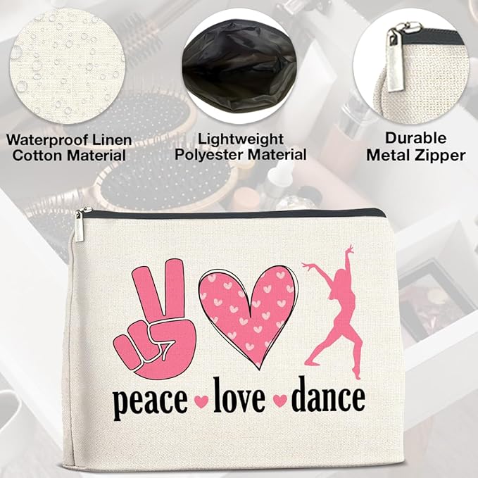 Dance Gifts Makeup Bag Dance Recital Gifts for Girls Women Students Dancers Cosmetic Bag Dance Competition Gift Peace Love Dance Zipper Makeup Pouch, polychrome